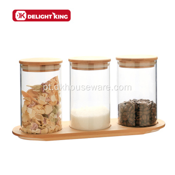 Conjunto de jarras de armazenamento de vidro para cozinha com tampa de bambu